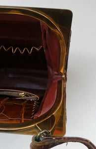 Vintage 1930s ART DECO Hornback Crocodile with Brass Enamel Metal Frame and Fancy Brass Clasp