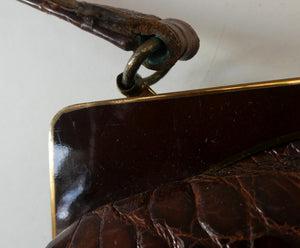 Vintage 1930s ART DECO Hornback Crocodile with Brass Enamel Metal Frame and Fancy Brass Clasp