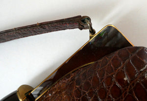 Vintage 1930s ART DECO Hornback Crocodile with Brass Enamel Metal Frame and Fancy Brass Clasp