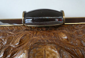 Vintage 1930s ART DECO Hornback Crocodile with Brass Enamel Metal Frame and Fancy Brass Clasp