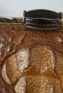 Vintage 1930s ART DECO Hornback Crocodile with Brass Enamel Metal Frame and Fancy Brass Clasp