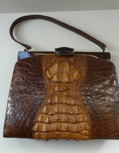 Vintage 1930s ART DECO Hornback Crocodile with Brass Enamel Metal Frame and Fancy Brass Clasp