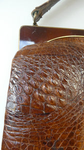 Vintage 1930s ART DECO Hornback Crocodile with Brass Enamel Metal Frame and Fancy Brass Clasp