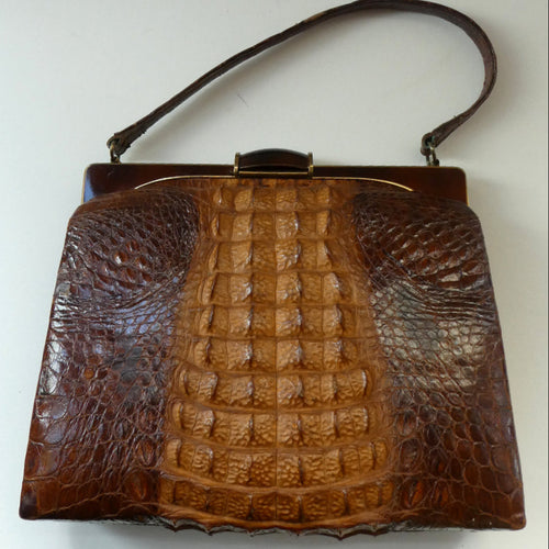 Vintage 1930s ART DECO Hornback Crocodile with Brass Enamel Metal Frame and Fancy Brass Clasp
