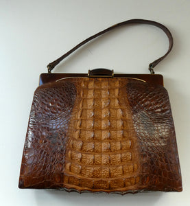 Vintage 1930s ART DECO Hornback Crocodile with Brass Enamel Metal Frame and Fancy Brass Clasp