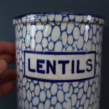 Load image into Gallery viewer, Highly Collectable 1930s Mailing Pottery Blue COBBLESTONE Lidded Storage Canister: LENTILS
