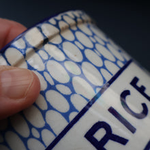 Load image into Gallery viewer, Highly Collectable 1930s Mailing Pottery Blue COBBLESTONE Lidded Storage Canister: RICE
