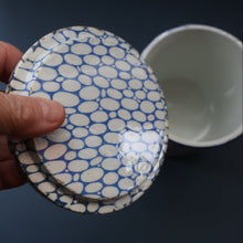 Load image into Gallery viewer, Highly Collectable 1930s Mailing Pottery Blue COBBLESTONE Lidded Storage Canister: RICE
