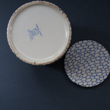 Load image into Gallery viewer, Highly Collectable 1930s Mailing Pottery Blue COBBLESTONE Lidded Storage Canister: PEAS

