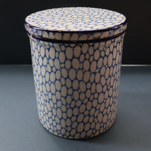 Load image into Gallery viewer, Highly Collectable 1930s Mailing Pottery Blue COBBLESTONE Lidded Storage Canister: PEAS
