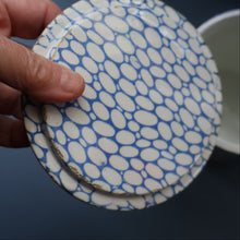 Load image into Gallery viewer, Highly Collectable 1930s Mailing Pottery Blue COBBLESTONE Lidded Storage Canister: PEAS

