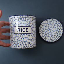 Load image into Gallery viewer, Highly Collectable 1930s Mailing Pottery Blue COBBLESTONE Lidded Storage Canister: RICE
