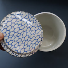 Load image into Gallery viewer, Highly Collectable 1930s Mailing Pottery Blue COBBLESTONE Lidded Storage Canister: RICE
