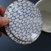 Load image into Gallery viewer, Highly Collectable 1930s Mailing Pottery Blue COBBLESTONE Lidded Storage Canister: RICE
