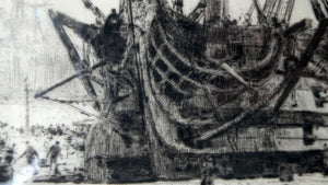 William Lionel Wyllie (1851 – 1931) HMS Victory in Portsmouth Dockyard. Pencil Signed Etching