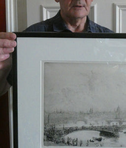 ORIGINAL ETCHING: William Lionel Wyllie (1851 – 1931)  IMAGINARY W.L. BRIDGE with St Paul's in the Distance