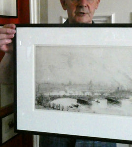 ORIGINAL ETCHING: William Lionel Wyllie (1851 – 1931)  IMAGINARY W.L. BRIDGE with St Paul's in the Distance