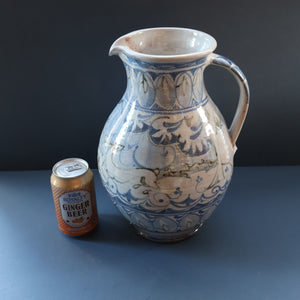 Large Aldermaston Pottery Tin-Glaze Pottery Jug or Pitcher with Hand Painted Hunting Pattern.  Signed by Andrew Hazeldean