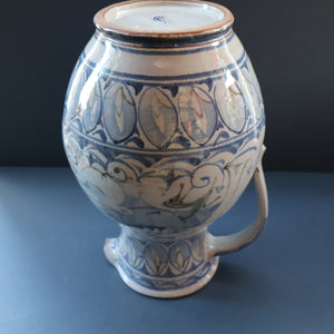 Large Aldermaston Pottery Tin-Glaze Pottery Jug or Pitcher with Hand Painted Hunting Pattern.  Signed by Andrew Hazeldean