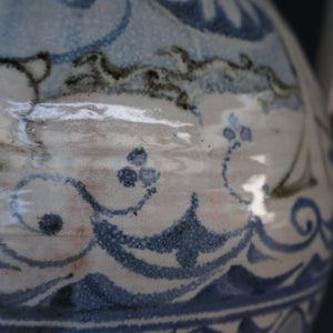 Large Aldermaston Pottery Tin-Glaze Pottery Jug or Pitcher with Hand Painted Hunting Pattern.  Signed by Andrew Hazeldean