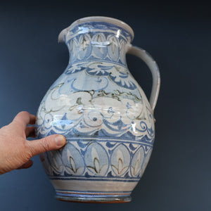 Large Aldermaston Pottery Tin-Glaze Pottery Jug or Pitcher with Hand Painted Hunting Pattern.  Signed by Andrew Hazeldean