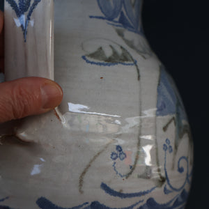 Large Aldermaston Pottery Tin-Glaze Pottery Jug or Pitcher with Hand Painted Hunting Pattern.  Signed by Andrew Hazeldean