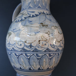 Large Aldermaston Pottery Tin-Glaze Pottery Jug or Pitcher with Hand Painted Hunting Pattern.  Signed by Andrew Hazeldean