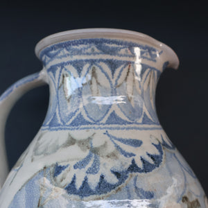 Large Aldermaston Pottery Tin-Glaze Pottery Jug or Pitcher with Hand Painted Hunting Pattern.  Signed by Andrew Hazeldean