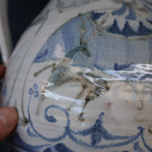 Large Aldermaston Pottery Tin-Glaze Pottery Jug or Pitcher with Hand Painted Hunting Pattern.  Signed by Andrew Hazeldean