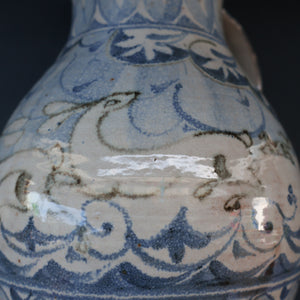Large Aldermaston Pottery Tin-Glaze Pottery Jug or Pitcher with Hand Painted Hunting Pattern.  Signed by Andrew Hazeldean