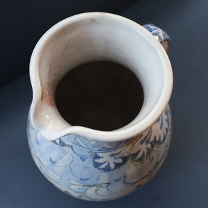 Large Aldermaston Pottery Tin-Glaze Pottery Jug or Pitcher with Hand Painted Hunting Pattern.  Signed by Andrew Hazeldean