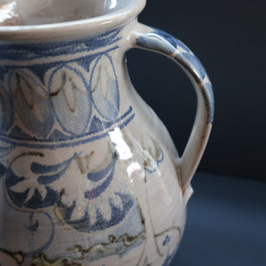 Large Aldermaston Pottery Tin-Glaze Pottery Jug or Pitcher with Hand Painted Hunting Pattern.  Signed by Andrew Hazeldean