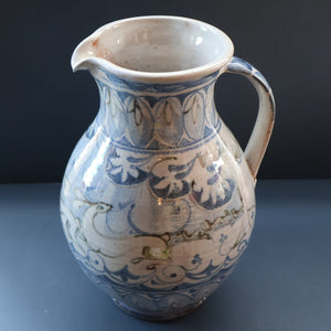 Large Aldermaston Pottery Tin-Glaze Pottery Jug or Pitcher with Hand Painted Hunting Pattern.  Signed by Andrew Hazeldean