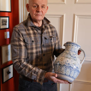 Large Aldermaston Pottery Tin-Glaze Pottery Jug or Pitcher with Hand Painted Hunting Pattern.  Signed by Andrew Hazeldean