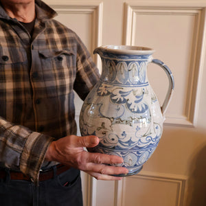 Large Aldermaston Pottery Tin-Glaze Pottery Jug or Pitcher with Hand Painted Hunting Pattern.  Signed by Andrew Hazeldean
