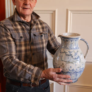 Large Aldermaston Pottery Tin-Glaze Pottery Jug or Pitcher with Hand Painted Hunting Pattern.  Signed by Andrew Hazeldean