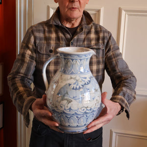 Large Aldermaston Pottery Tin-Glaze Pottery Jug or Pitcher with Hand Painted Hunting Pattern.  Signed by Andrew Hazeldean
