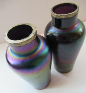 Miniature Art Nouveau Iridescent Glass Match Pair of Vases with Enamel Flower Decoration