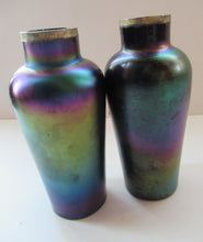 Load image into Gallery viewer, Miniature Art Nouveau Iridescent Glass Match Pair of Vases with Enamel Flower Decoration
