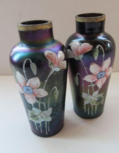 Miniature Art Nouveau Iridescent Glass Match Pair of Vases with Enamel Flower Decoration