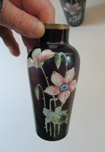 Load image into Gallery viewer, Miniature Art Nouveau Iridescent Glass Match Pair of Vases with Enamel Flower Decoration
