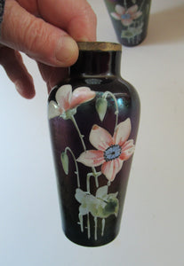 Miniature Art Nouveau Iridescent Glass Match Pair of Vases with Enamel Flower Decoration