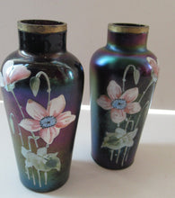 Load image into Gallery viewer, Miniature Art Nouveau Iridescent Glass Match Pair of Vases with Enamel Flower Decoration
