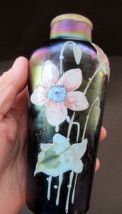 Miniature Art Nouveau Iridescent Glass Match Pair of Vases with Enamel Flower Decoration