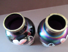 Load image into Gallery viewer, Miniature Art Nouveau Iridescent Glass Match Pair of Vases with Enamel Flower Decoration
