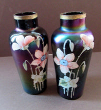 Load image into Gallery viewer, Miniature Art Nouveau Iridescent Glass Match Pair of Vases with Enamel Flower Decoration
