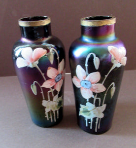 Miniature Art Nouveau Iridescent Glass Match Pair of Vases with Enamel Flower Decoration