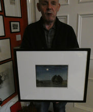 Load image into Gallery viewer, Scottish Colour Woodcut of Two Haystacks in the Moonlight by LCA Brown. Art Deco Print
