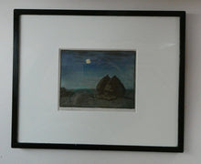 Load image into Gallery viewer, Scottish Colour Woodcut of Two Haystacks in the Moonlight by LCA Brown. Art Deco Print
