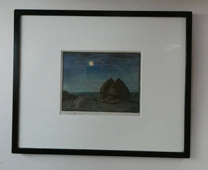 Scottish Colour Woodcut of Two Haystacks in the Moonlight by LCA Brown. Art Deco Print